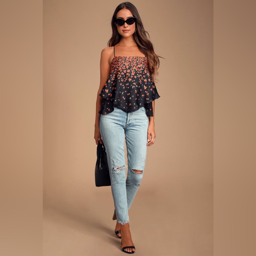 Free People Let Me Love Black Floral Print Cami Top Size Small - Picture 2 of 6